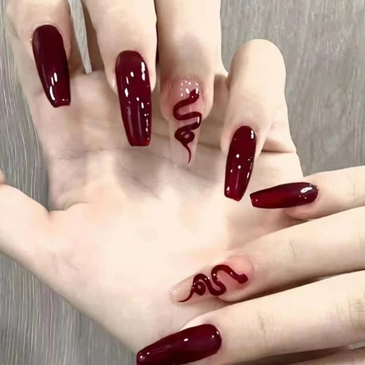 Press On Snake Nails (Maroon) 24 pcs
